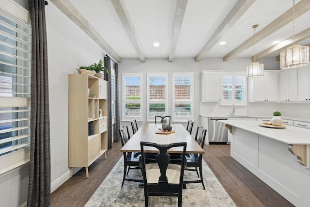 dining room with beamed ceiling, recessed lighting, dark wood-type flooring, and baseboards