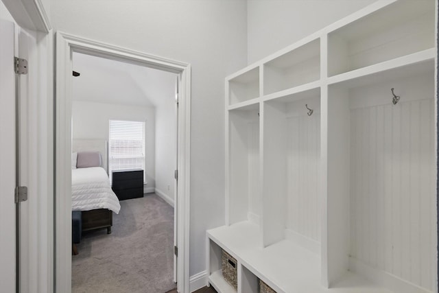 mudroom featuring baseboards and carpet floors