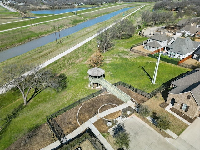 aerial view with a water view and a residential view