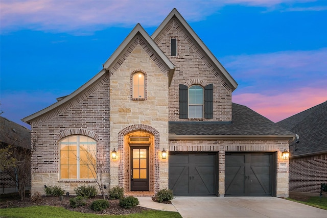 french provincial home featuring stone siding, brick siding, driveway, and a shingled roof