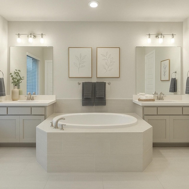 full bath with two vanities, a garden tub, a sink, and tile patterned flooring