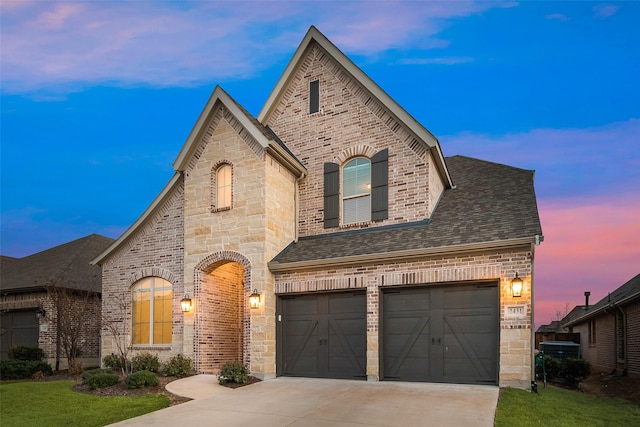 french provincial home with brick siding, stone siding, concrete driveway, and a shingled roof