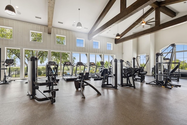 exercise room with high vaulted ceiling, a ceiling fan, and visible vents