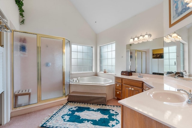 bathroom featuring a sink, a stall shower, double vanity, and a bath