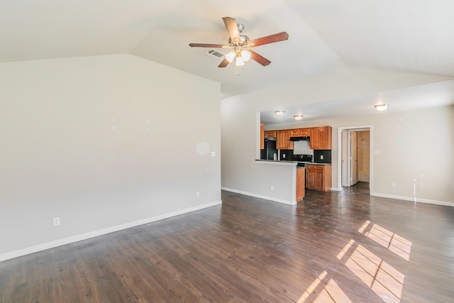 unfurnished living room featuring dark wood finished floors, baseboards, a ceiling fan, and lofted ceiling