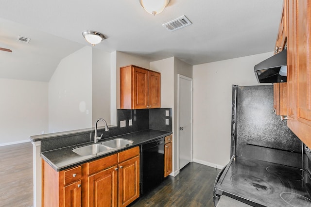 kitchen with visible vents, a sink, dark countertops, exhaust hood, and dishwasher