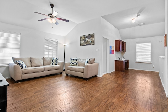 living room with vaulted ceiling, wood finished floors, baseboards, and ceiling fan