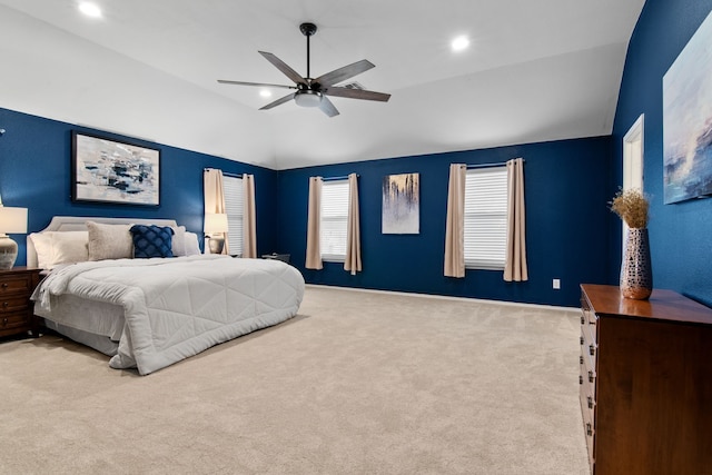 bedroom featuring a ceiling fan, lofted ceiling, recessed lighting, and carpet