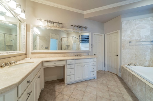 bathroom with a sink, double vanity, a stall shower, and crown molding