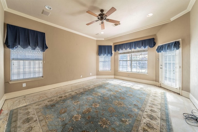 empty room with visible vents, baseboards, and ornamental molding