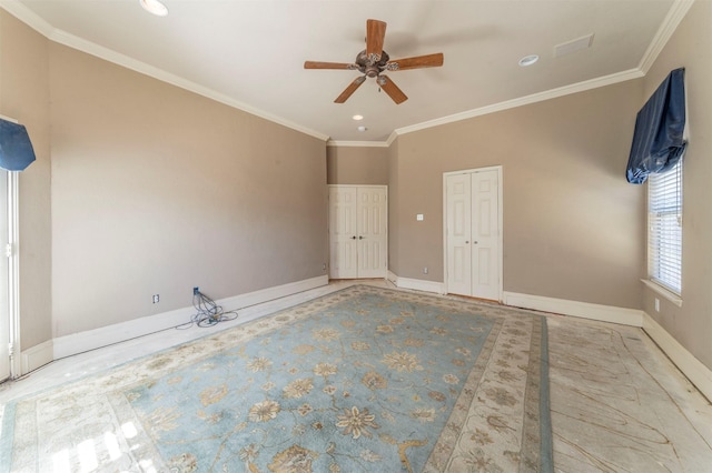 spare room with crown molding, recessed lighting, and baseboards