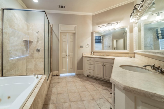 full bath with visible vents, a shower stall, ornamental molding, a whirlpool tub, and a sink