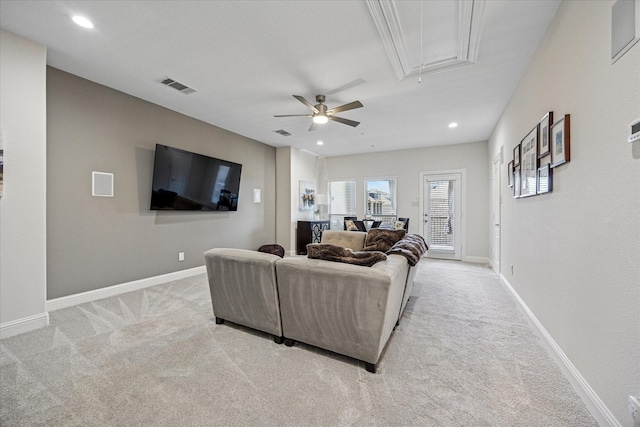 7917 Parkwood Blvd, Plano, TX 75024 - living area with attic access, light colored carpet, a ceiling fan, baseboards, and recessed lighting