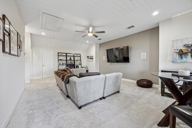 7917 Parkwood Blvd, Plano, TX 75024 - carpeted living room featuring attic access, baseboards, recessed lighting, and ceiling fan