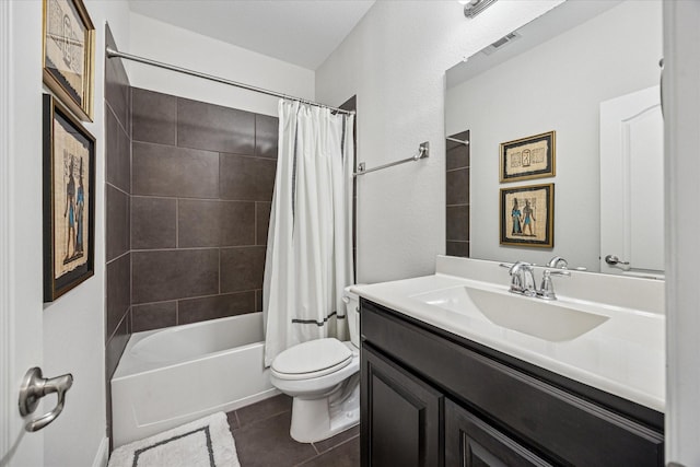 7917 Parkwood Blvd, Plano, TX 75024 - full bathroom featuring vanity, tile patterned floors, toilet, and shower / bathtub combination with curtain