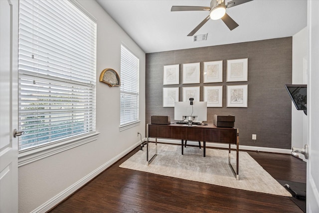 7917 Parkwood Blvd, Plano, TX 75024 - office space featuring baseboards, wood finished floors, ceiling fan, healthy amount of natural light, and wallpapered walls
