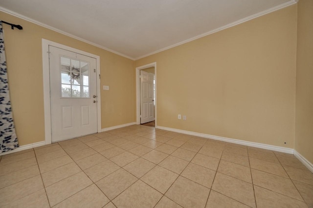 foyer with baseboards, light tile patterned flooring, and crown molding