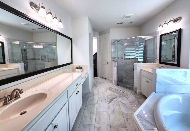 full bath featuring a sink, visible vents, a garden tub, and a stall shower