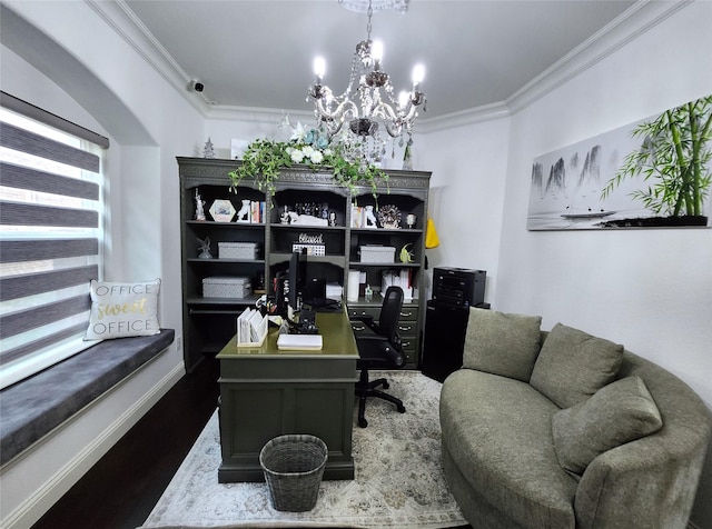 office area with baseboards, a notable chandelier, and crown molding