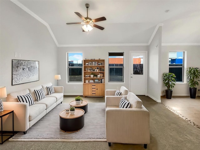 living room with vaulted ceiling, crown molding, baseboards, and ceiling fan