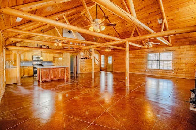 unfurnished living room featuring wooden walls, ceiling fan, wooden ceiling, high vaulted ceiling, and a sink