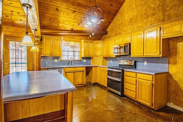 kitchen featuring backsplash, lofted ceiling, wooden ceiling, stainless steel appliances, and a sink