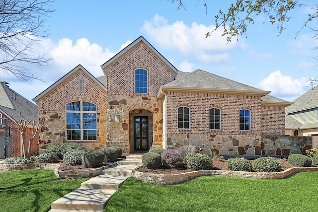 view of front of home featuring brick siding, stone siding, a front lawn, and roof with shingles