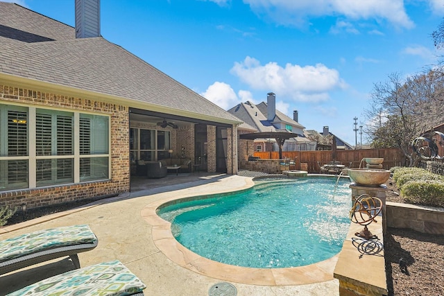7300 Mitchell Ct, Lantana, TX 76226 - view of swimming pool with a patio area, a fenced backyard, a ceiling fan, and outdoor lounge area