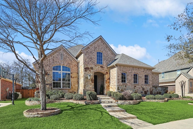 7300 Mitchell Ct, Lantana, TX 76226 - french country style house featuring stone siding, a shingled roof, and brick siding