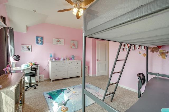 bedroom featuring lofted ceiling, carpet, and baseboards