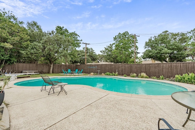 view of pool featuring a fenced backyard, a fenced in pool, and a patio