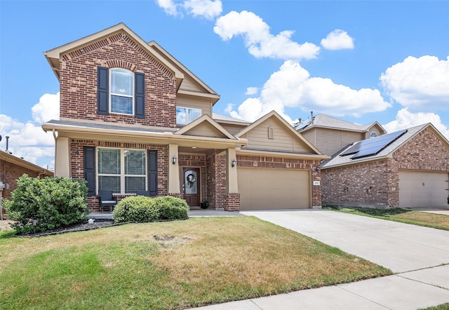 view of front of property featuring brick siding, a garage, concrete driveway, and a front yard