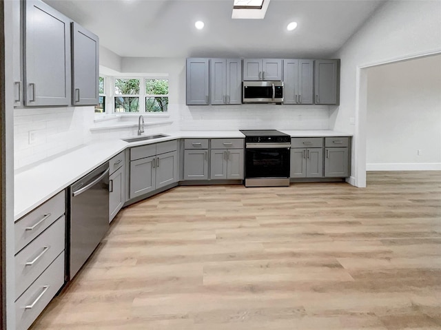 kitchen featuring gray cabinetry, decorative backsplash, light countertops, a sink, and appliances with stainless steel finishes