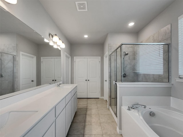 full bath featuring a sink, visible vents, a stall shower, and a bath