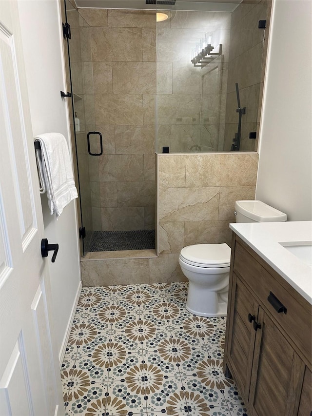 4880 Beach View Dr, Malakoff, TX 75148 - full bath featuring visible vents, a stall shower, vanity, tile patterned floors, and toilet
