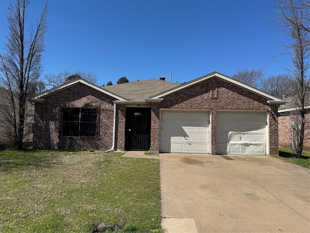 single story home with brick siding, a front lawn, concrete driveway, roof with shingles, and a garage