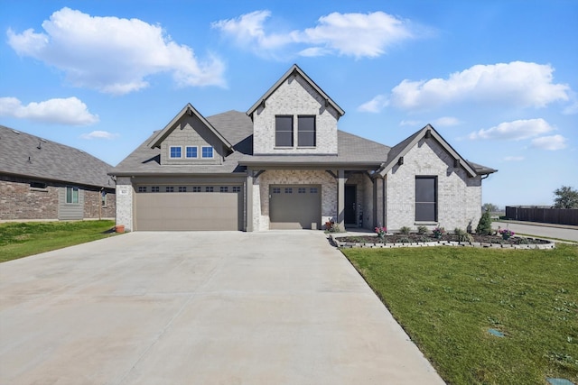 view of front of property with roof with shingles, an attached garage, a front lawn, concrete driveway, and brick siding