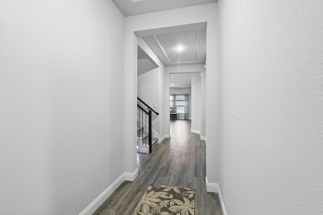 623 Woodridge Dr, Oak Point, TX 75068 - corridor featuring baseboards, dark wood finished floors, attic access, and stairway