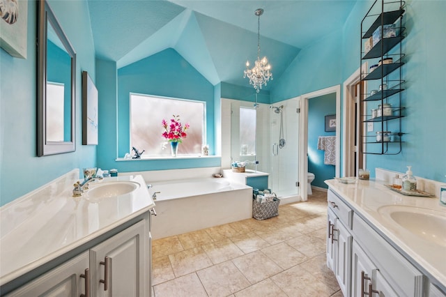 bathroom with toilet, two vanities, a stall shower, and a sink