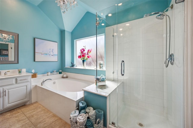 full bath featuring a bath, a stall shower, and vaulted ceiling