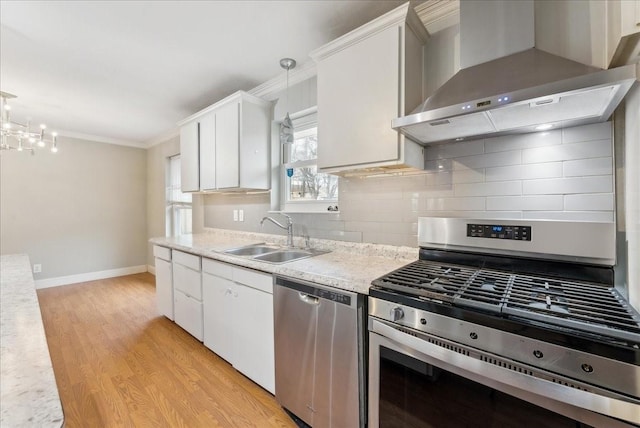 3105 Marydale Rd, Garland, TX 75041 - kitchen featuring wall chimney range hood, decorative backsplash, light wood-style floors, stainless steel appliances, and a sink