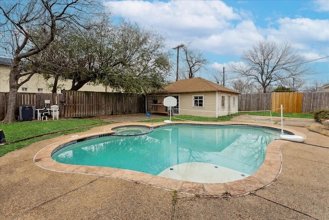 3105 Marydale Rd, Garland, TX 75041 - view of swimming pool with a patio, an outdoor structure, a fenced backyard, and a pool with connected hot tub