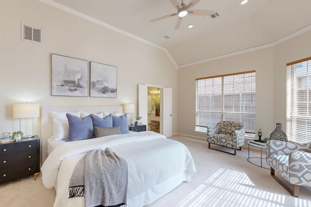 bedroom with visible vents, crown molding, baseboards, light carpet, and recessed lighting