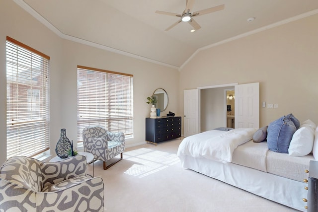 bedroom with ceiling fan, lofted ceiling, light colored carpet, and ornamental molding