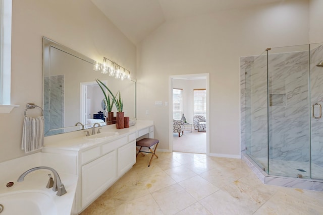 full bath with high vaulted ceiling, a tub, a shower stall, baseboards, and vanity