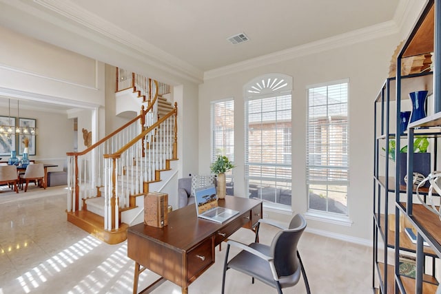 office with an inviting chandelier, crown molding, baseboards, and visible vents