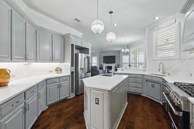 kitchen featuring gray cabinetry, dark wood-type flooring, open floor plan, stainless steel appliances, and a sink