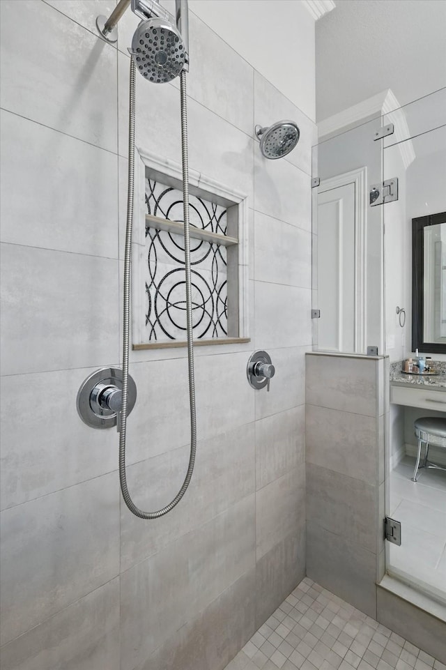 5833 Forest River Dr, Fort Worth, TX 76112 - bathroom featuring tile patterned flooring, a shower stall, vanity, ornamental molding, and recessed lighting
