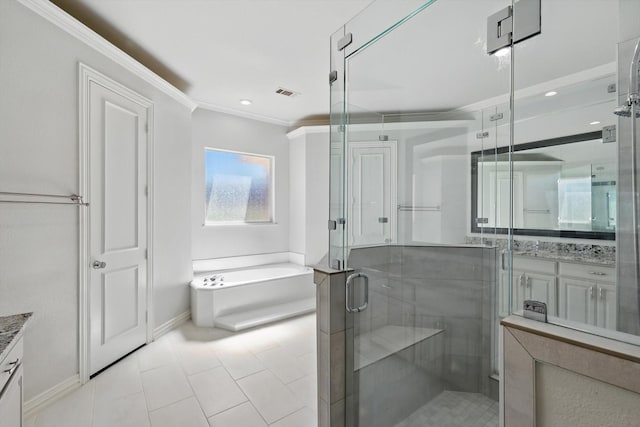 bathroom with vanity, a garden tub, visible vents, a shower stall, and crown molding