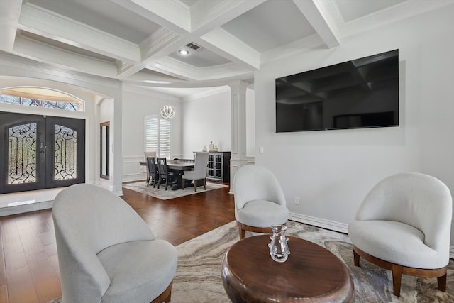 5833 Forest River Dr, Fort Worth, TX 76112 - interior space with baseboards, coffered ceiling, beam ceiling, and hardwood / wood-style floors